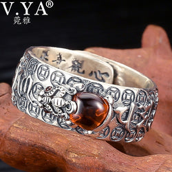 V.YA Natural Stone Silver Rings for Men Women Vintage 925 Sterling Silver Lucky Ring Chinese Pixiu Finger Ring Silver Jewelry