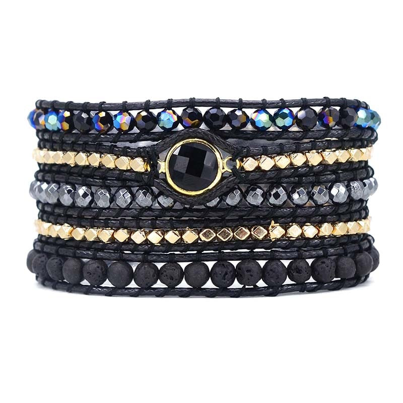 Men and Women Vegan Bohemian Black Mix Natural Stone Beadwork 5 Wraps Bracelet Jewellery