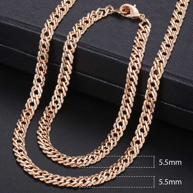 Men Women's Jewelry Set 585 Rose Gold Bracelet Necklace Set Double Curb Cuban Weaving Bismark Chain 2018 Wholesale Jewelry KCS04