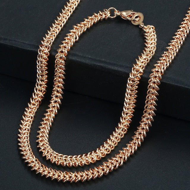 Men Women's Jewelry Set 585 Rose Gold Bracelet Necklace Set Double Curb Cuban Weaving Bismark Chain 2018 Wholesale Jewelry KCS04