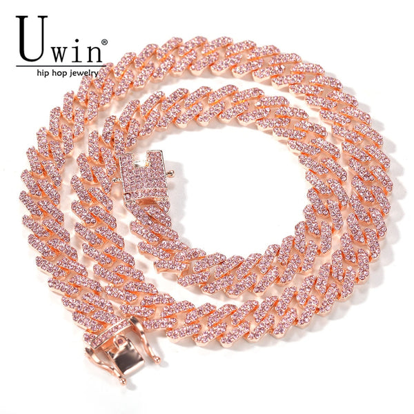 Uwin S-Link Miami Rose Gold 12mm Cuban Link Pink Rhinestone Necklace Chain Full Bling Punk Bling Bling Charm Hiphop Jewelry