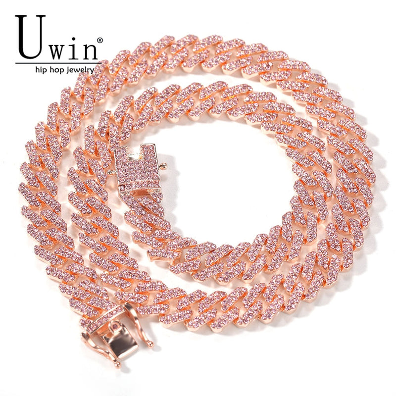 Uwin S-Link Miami Rose Gold 12mm Cuban Link Pink Rhinestone Necklace Chain Full Bling Punk Bling Bling Charm Hiphop Jewelry