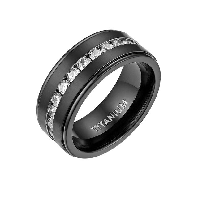 BONISKISS 8 MM Men's Titanium Wedding Band Ring Black Classic CZ Stone Anniversary Promise Ring Lovers Gift Sizes 7 to 15