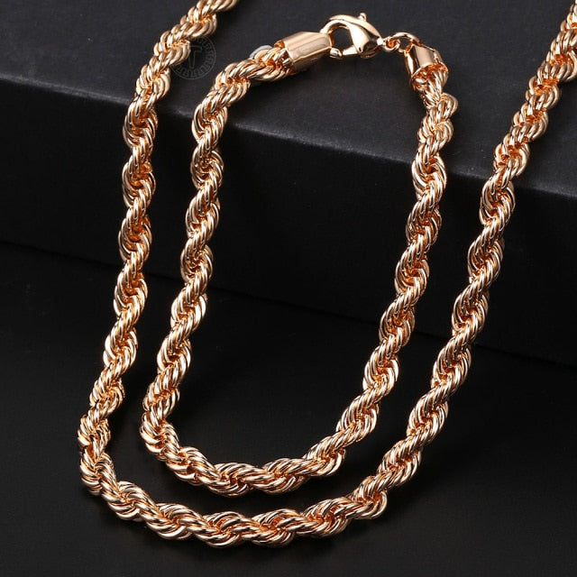 Men Women's Jewelry Set 585 Rose Gold Bracelet Necklace Set Double Curb Cuban Weaving Bismark Chain 2018 Wholesale Jewelry KCS04