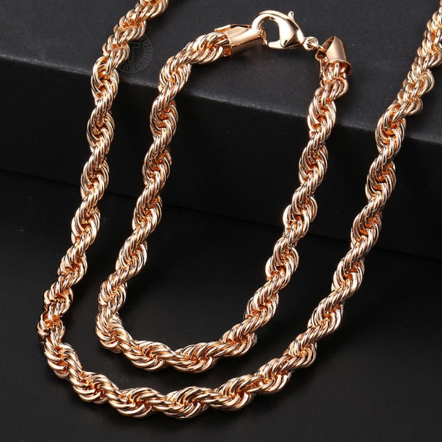 Men Women's Jewelry Set 585 Rose Gold Bracelet Necklace Set Double Curb Cuban Weaving Bismark Chain 2018 Wholesale Jewelry KCS04