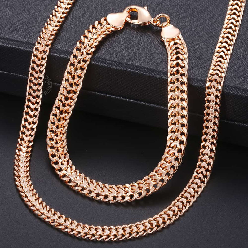 Men Women's Jewelry Set 585 Rose Gold Bracelet Necklace Set Double Curb Cuban Weaving Bismark Chain 2018 Wholesale Jewelry KCS04